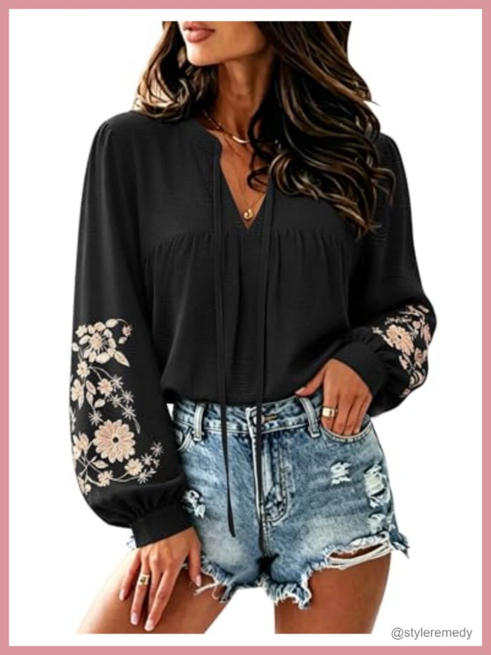 LOOKBOHO Women's Floral Embroidered Boho Blouse Long Sleeve V-Neck Peasant Top